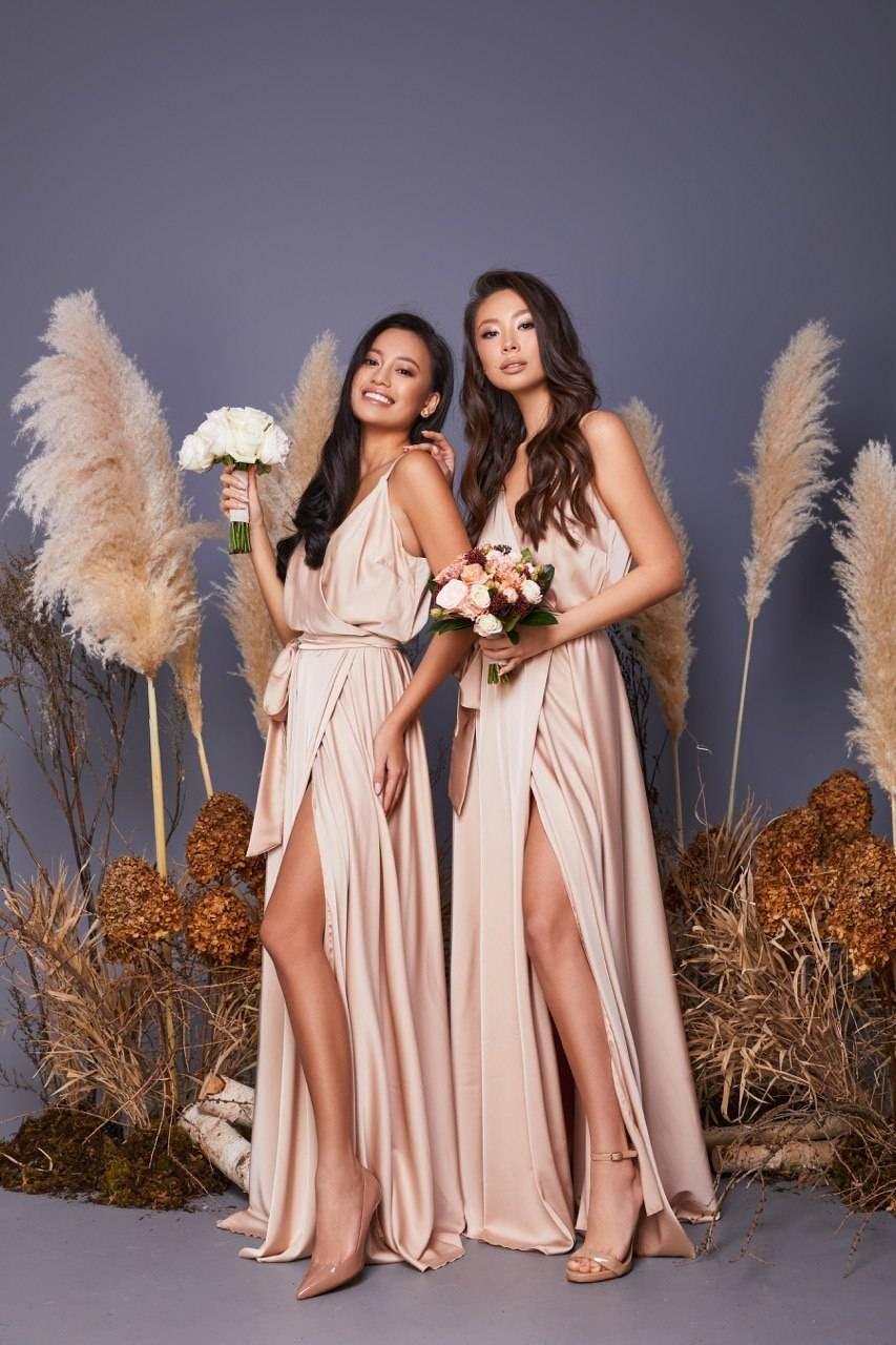Свадьба - Champagne bridesmaid dress/ beige silk wrap dress/ long silk maxi dress/ minimalist dress/ silk evening gown/ prom dress/ simple silk dress
