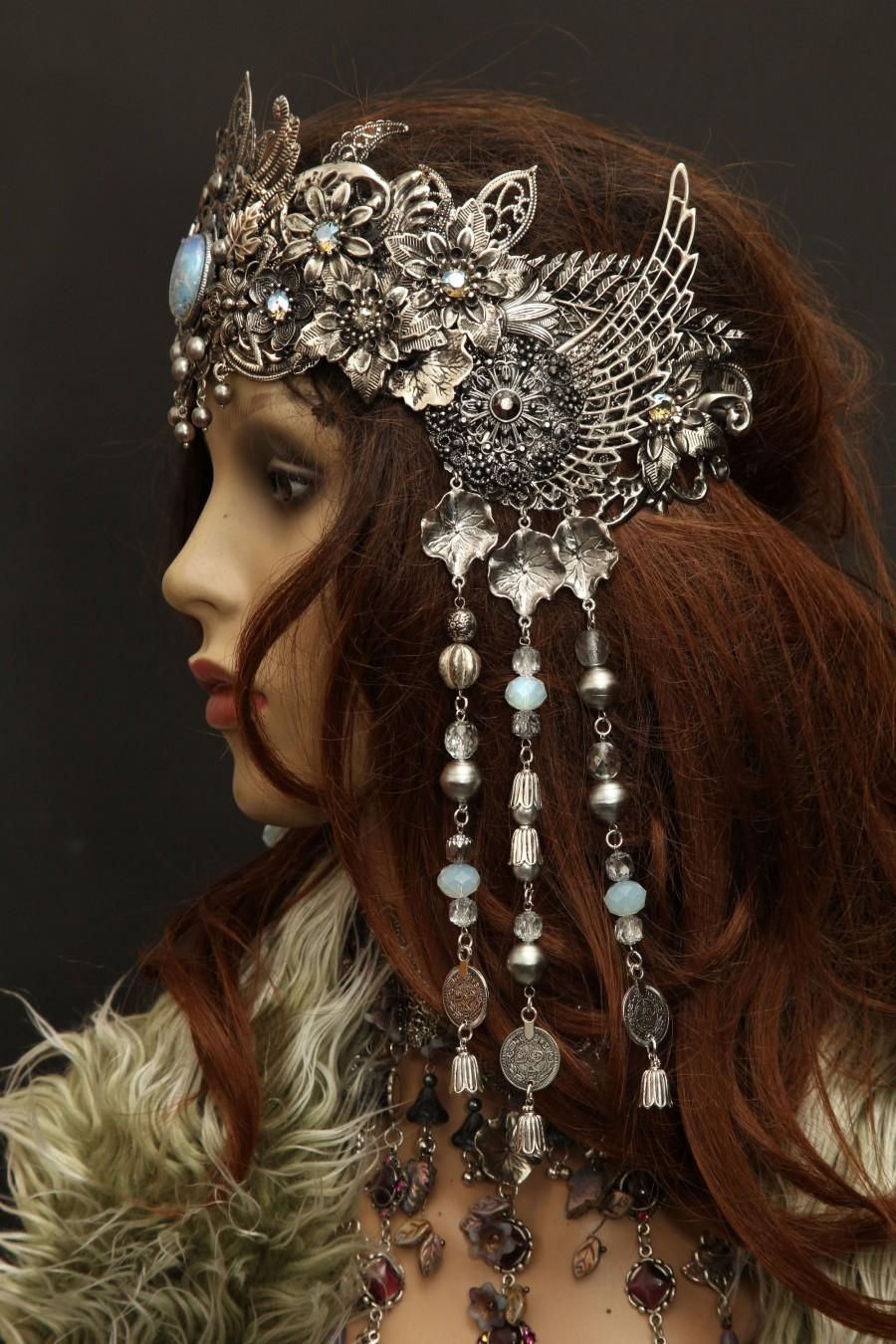 Hochzeit - Crescent moon kuchi art nouveau insp. elven nymph goddess tiara crown headpiece valkyre wings white opal cabochon leaves lotus beaded chains