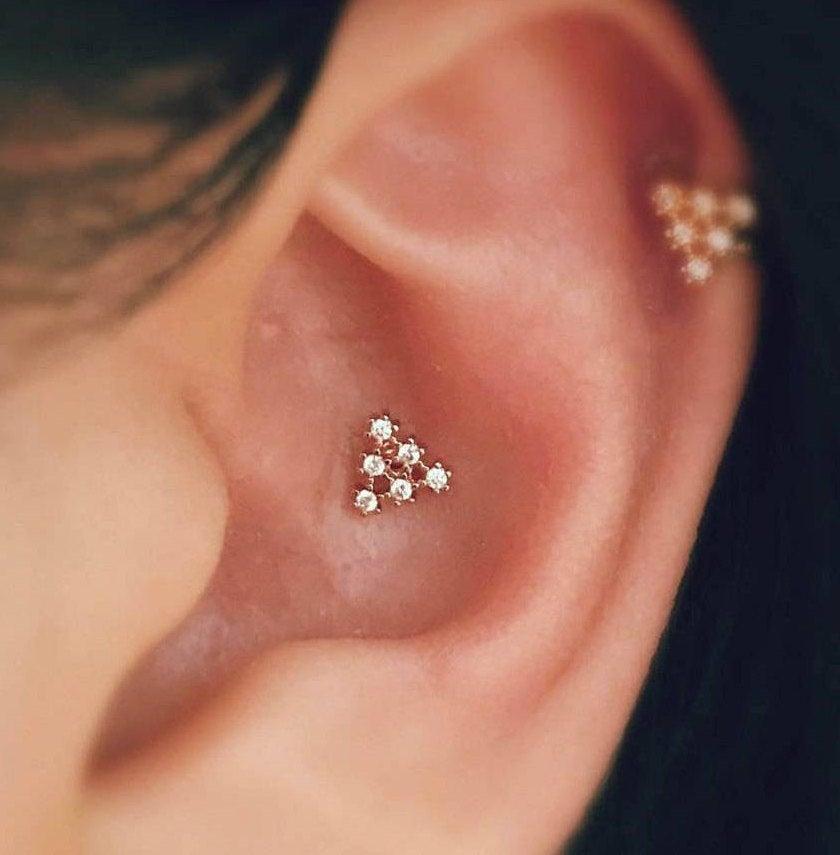 Hochzeit - CZ Triangle Conch Earring, Tiny cartilage earring, triple helix stud, cute conch earring, mini tragus earring, triangle, stud earrings,
