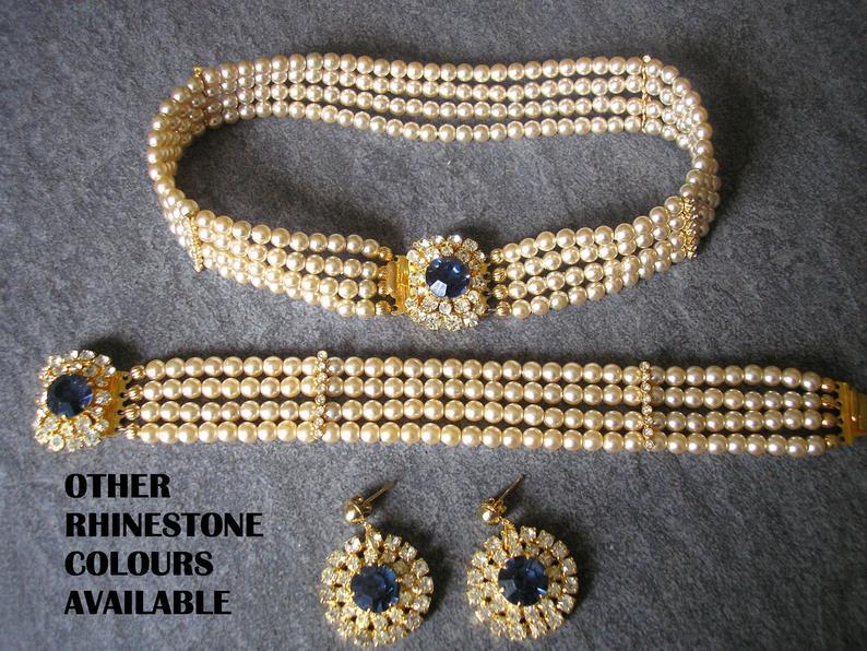 Mariage - Vintage Pearl Jewelry Set, Vintage Pearl Choker, Indian Bridal Jewellery, Bridal Jewelry, Montana Sapphire, Emerald, Diamond, Ruby, Art Deco