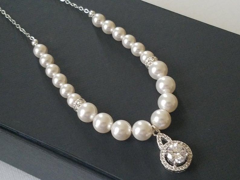 Hochzeit - Bridal Pearl Necklace, White Pearl Wedding Necklace, Pearl CZ Dainty Necklace, Pearl Silver Charm Necklace, Wedding Bridal Pearl Jewelry,