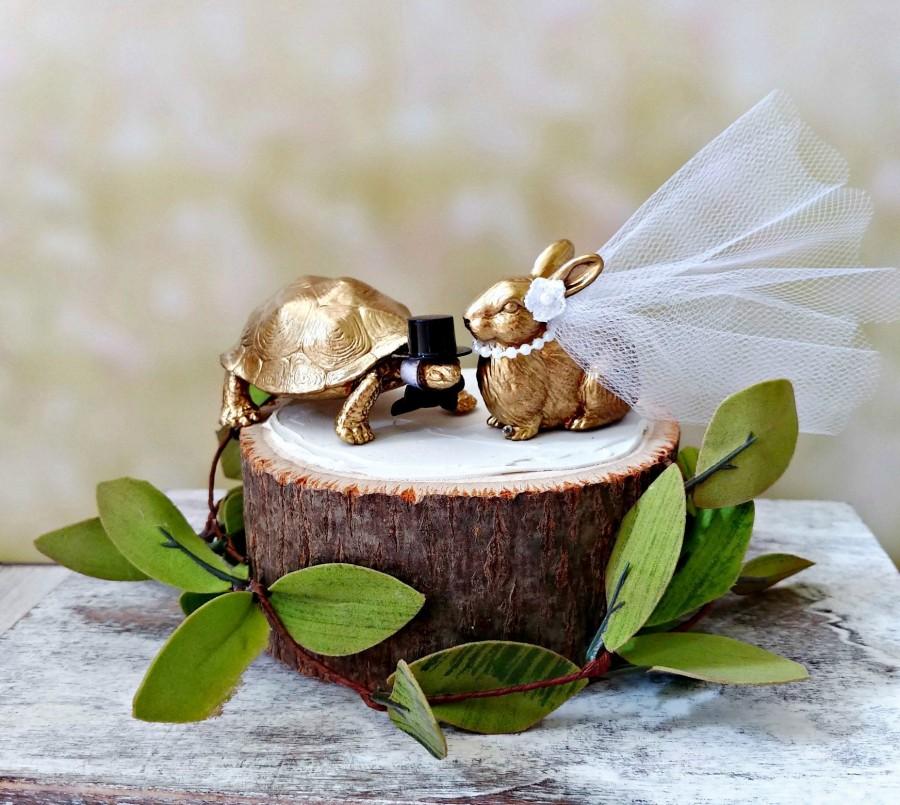 Hochzeit - Tortoise and the hare wedding cake topper animal turtle rabbit bride and groom gold animal zoo woodland barn wedding Mr and Mrs centerpiece