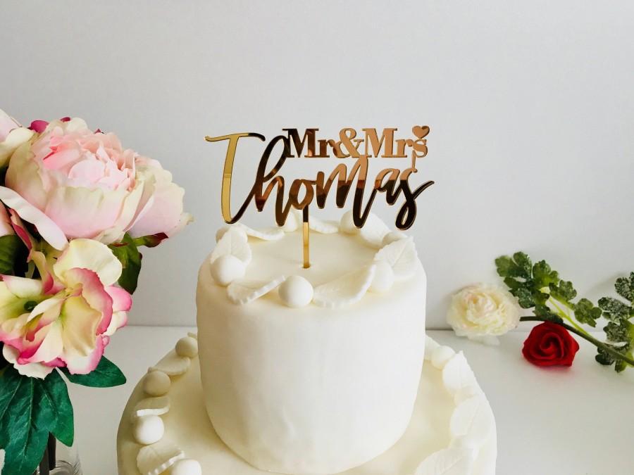 Wedding - Personalized Mr and Mrs Cake Topper Wedding Cake Toppers with Heart Your Last Name Family Wood Acrylic Gold Silver Mirror Table Centerpieces