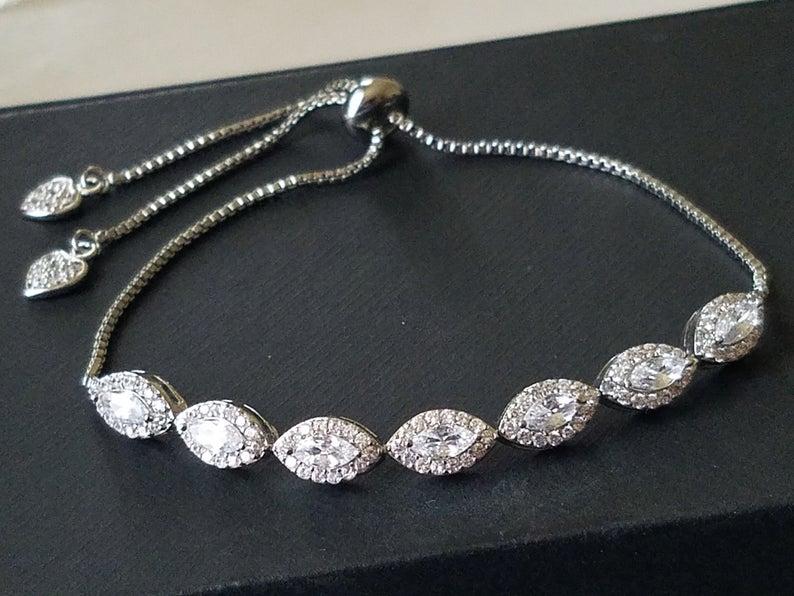 زفاف - Silver Cubic Zirconia Adjustable Bracelet, Wedding Marquise Bracelet, CZ Sliding Bracelet, Crystal Dainty Bridal Bracelet, Bridal Jewelry