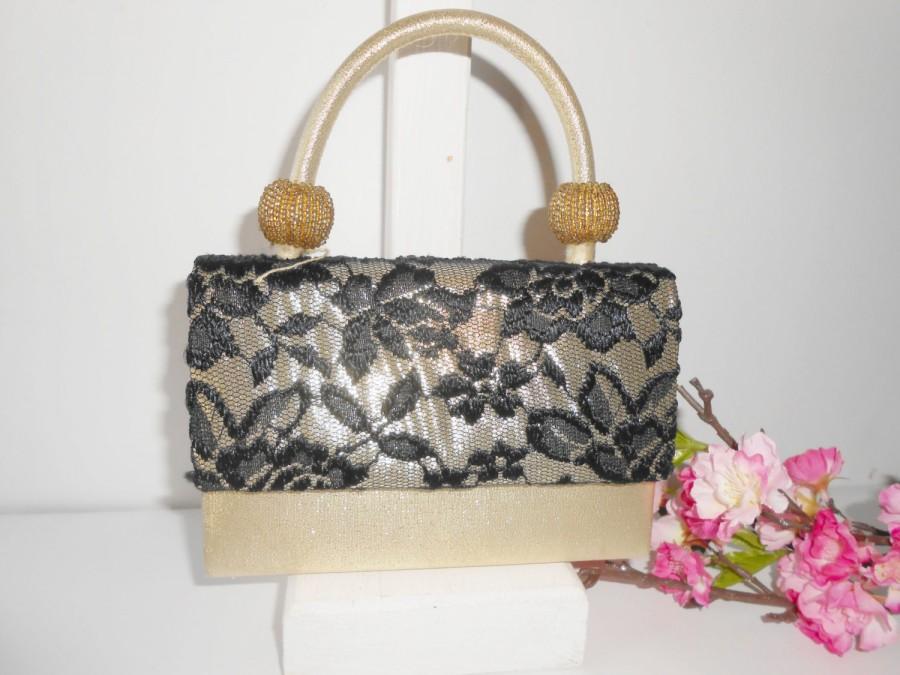 Wedding - Vintage Gold Evening Bag, Black Lace Trim, Small Gold Beaded Handbag, Glam Bag  EB-0060