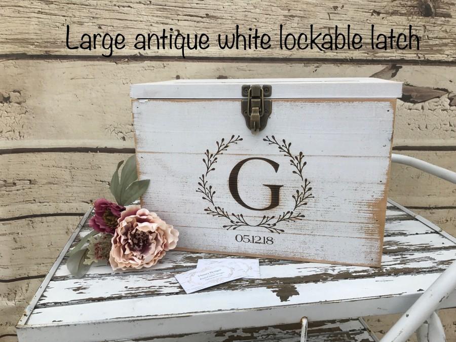 زفاف - White Rustic Wooden card box Personalized  Lockable card box   Wedding Card box