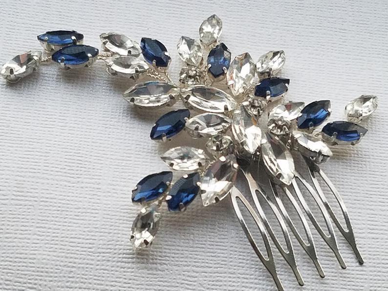 Hochzeit - Navy Blue Crystal Bridal Hair Comb, Blue Clear Rhinestone Hair Piece, Dark Blue Crystal Floral Headpiece, Blue Hair Jewelry, Wedding Comb
