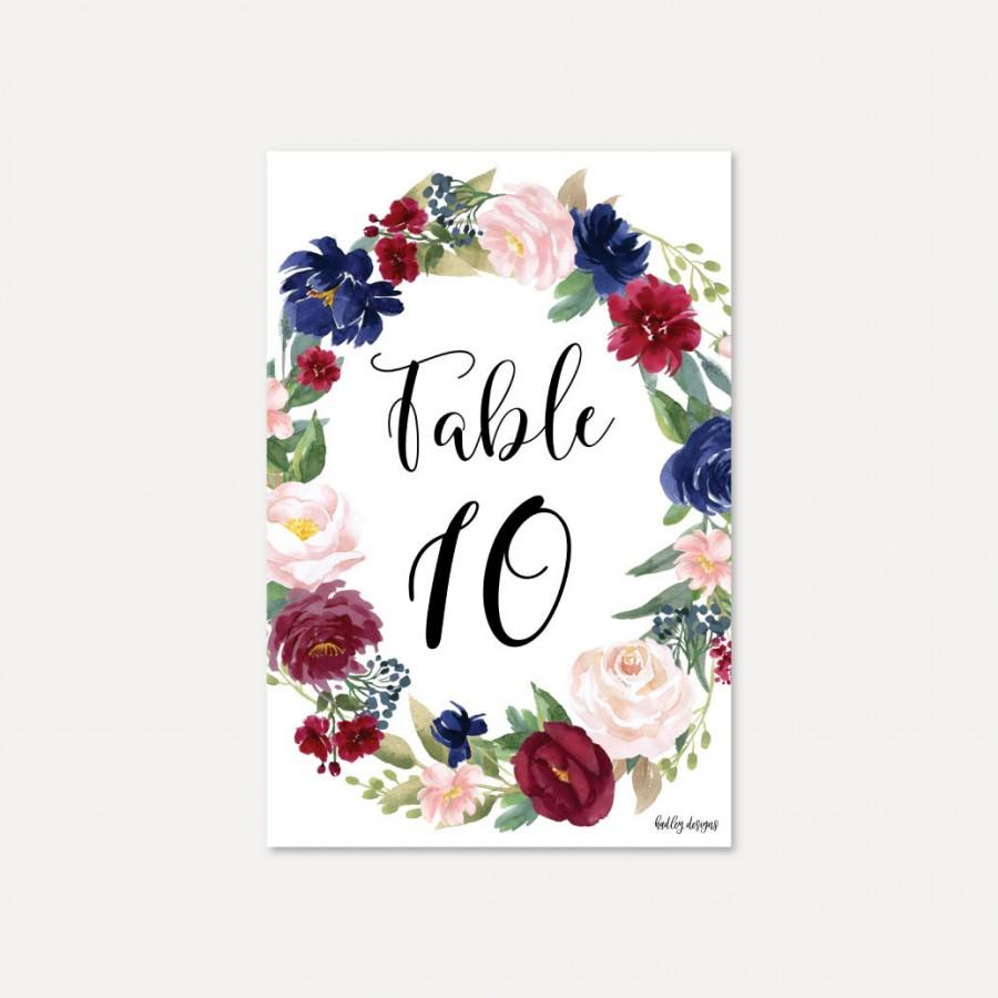 Hochzeit - Elegant Navy and Burgundy Wedding Table Numbers Template - DIY Table Numbers for a Wedding, Editable Printable Table Numbers, Digital