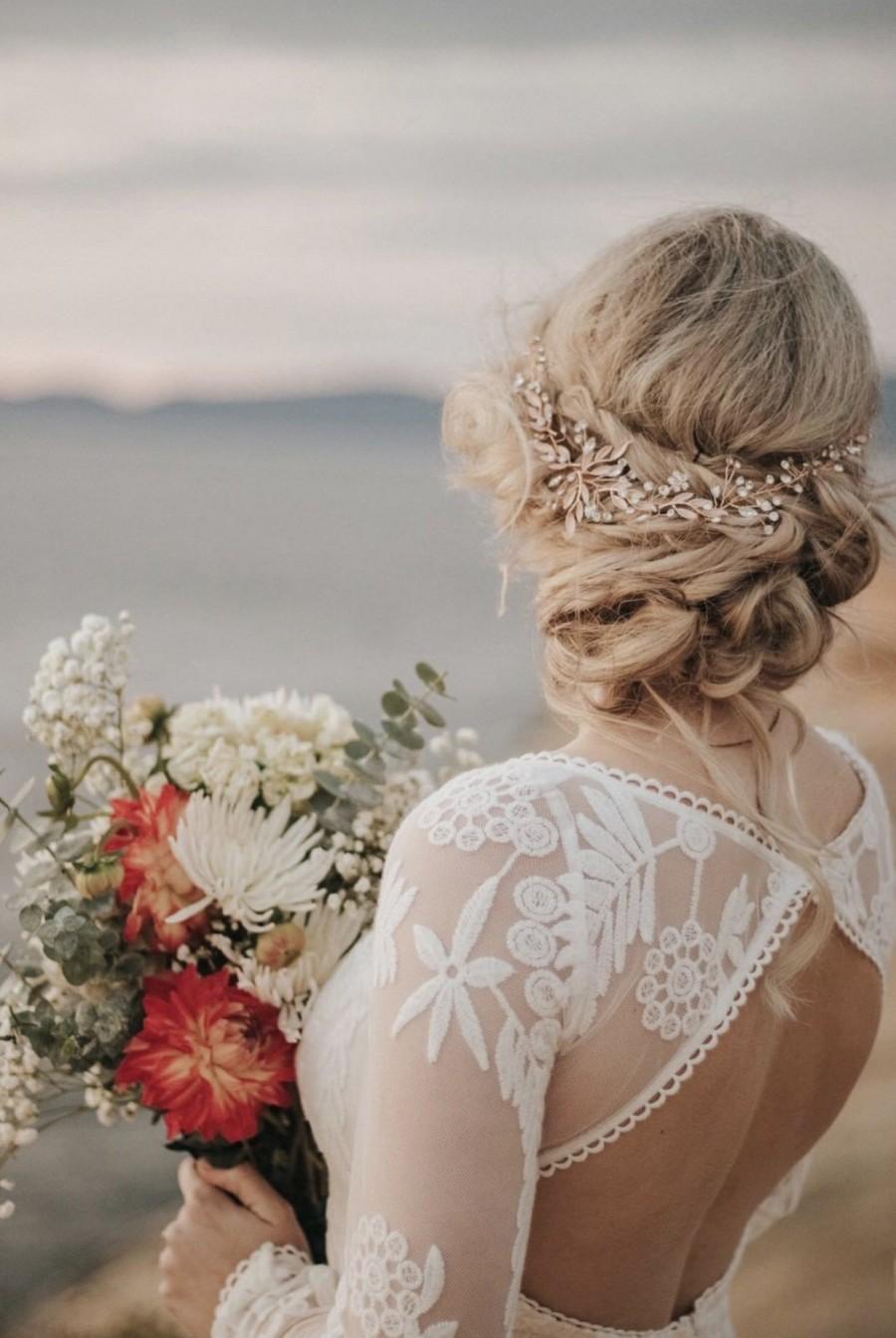 زفاف - Light Rose Gold Hair Accessory For The Modern Boho Bride, Leaf And Rhinestone Accents