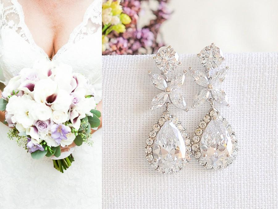 Hochzeit - Wedding Earrings, Rose Gold Bridal Earrings, Crystal Leaf Clover Dangle Drop Earrings, Teardrop Earrings, Bridal Jewelry, Bridesmaid, MAGGIE