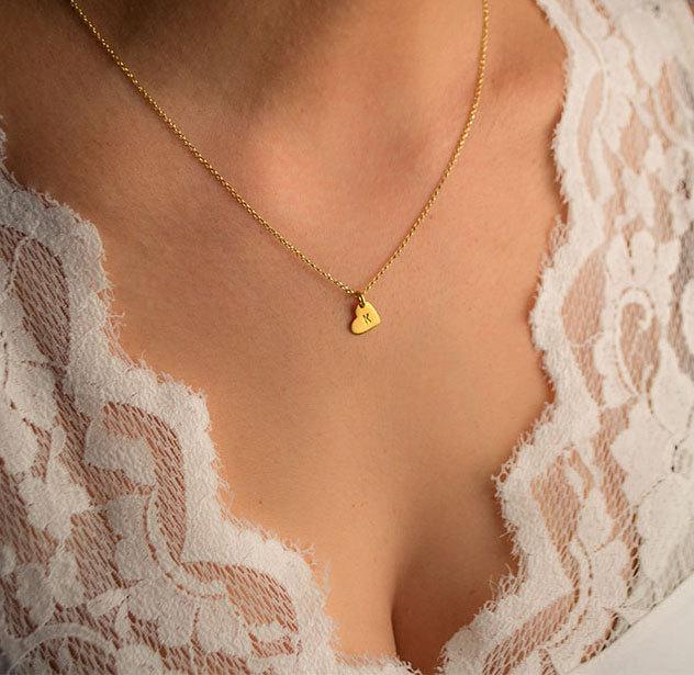 زفاف - Solid Gold Heart Necklace Initial Necklace Dainty 14k solid Gift for Her Bridal necklace dainty personalized gift Valentine gift sale