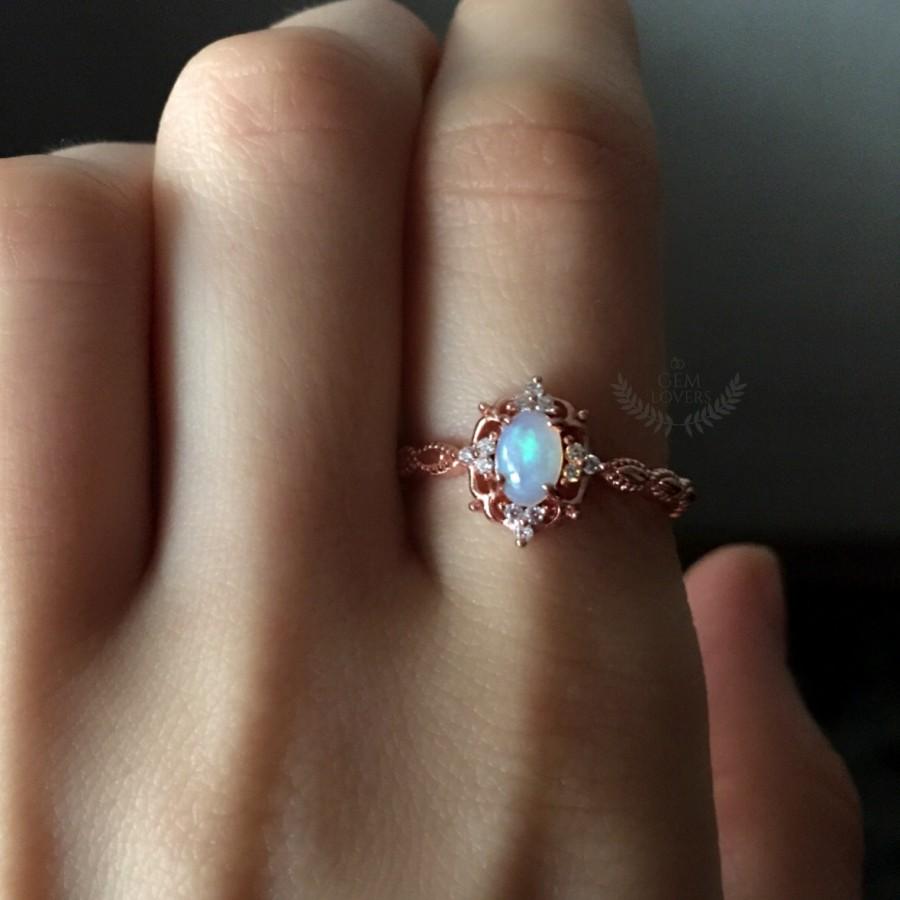 زفاف - Vintage Opal Ring, Rose Gold Opal Engagement Ring, Natural Opal Ring, Dainty Ring, Sterling Silver, October Birthstone Ring, Women Rings