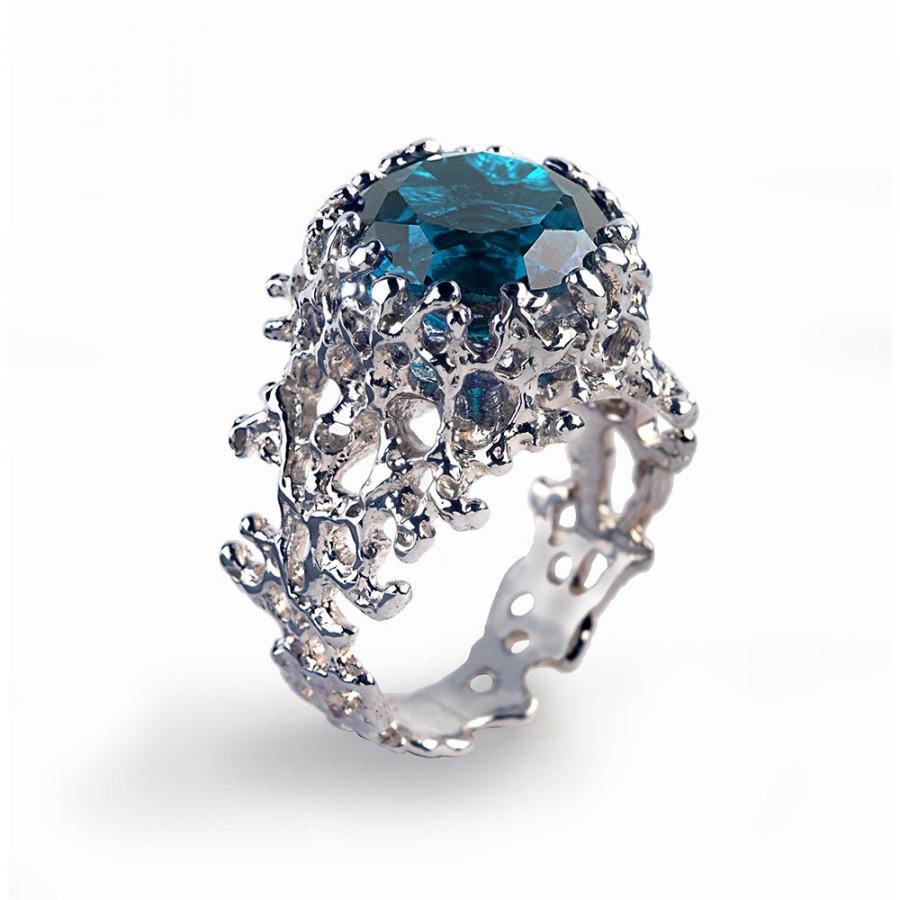 زفاف - CORAL London Blue Topaz Engagement Ring, Statement Ring, Silver Blue Topaz Ring, Large Blue Topaz Ring, Silver Gemstone Ring