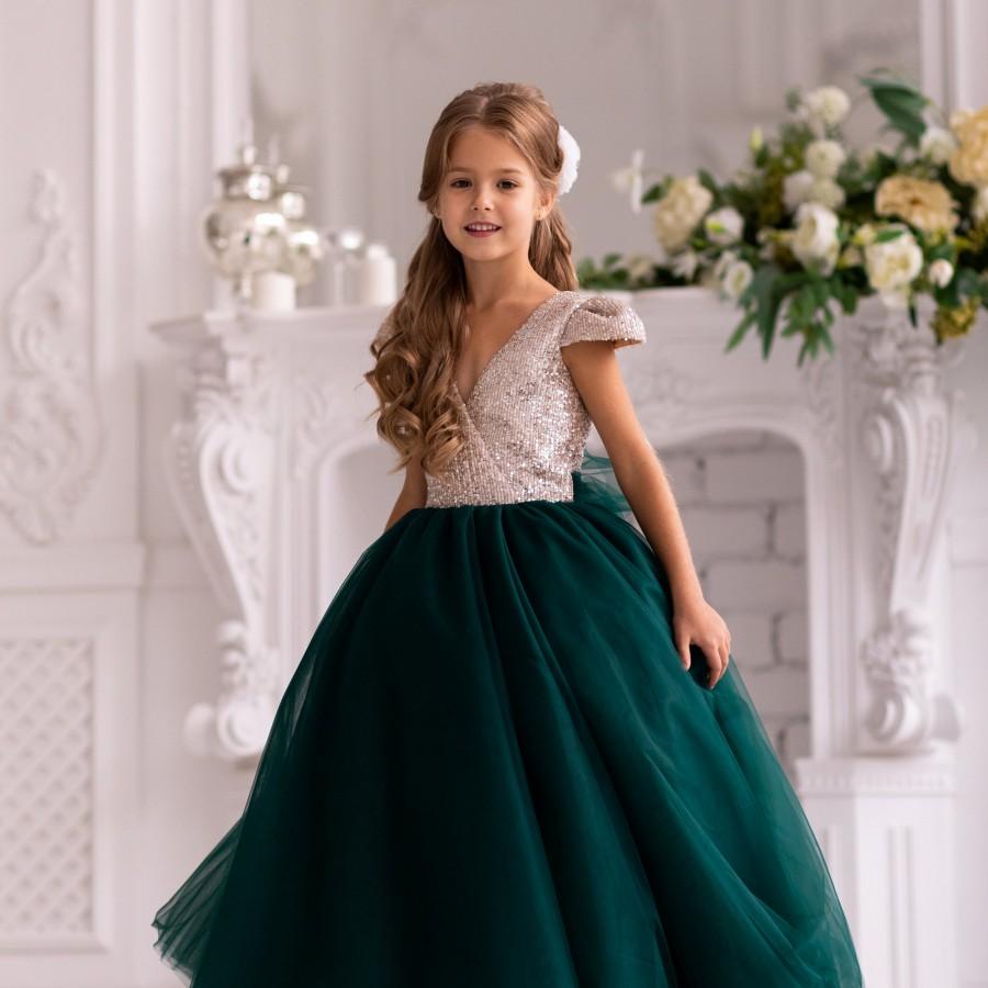 Mariage - Emerald tulle flower girl dress - gold sequin flower girl dress - tutu dress toddler - birthday girl dress -pageant dress - festive dress