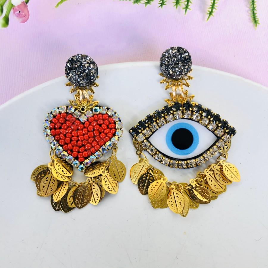 Hochzeit - Evil eye earring, heart earrings, protection earrings, Mismatched earrings, unusual earrings, funny earrings, Statement earrings