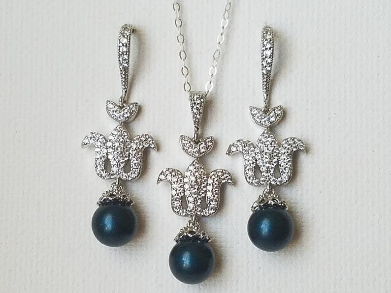 زفاف - Peacock Pearl Jewelry Set, Swarovski Petrol Pearl Silver Set, Wedding Dark Teal Earrings Necklace Set, Peacock Pearl Earrings, Teal Pendant
