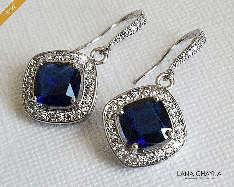 Wedding - Navy Blue Crystal Bridal Earrings, Blue Silver Crystal Earrings, Bridal Dangle Earrings, Chandelier Wedding Earrings, Bridal Jewelry