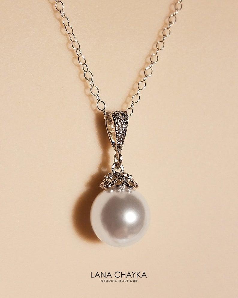 Hochzeit - White Pearl Bridal Necklace, Swarovski 10mm White Pearl Sterling Silver Necklace, Bridal Pearl Jewelry Wedding Single Pearl Pendant Necklace