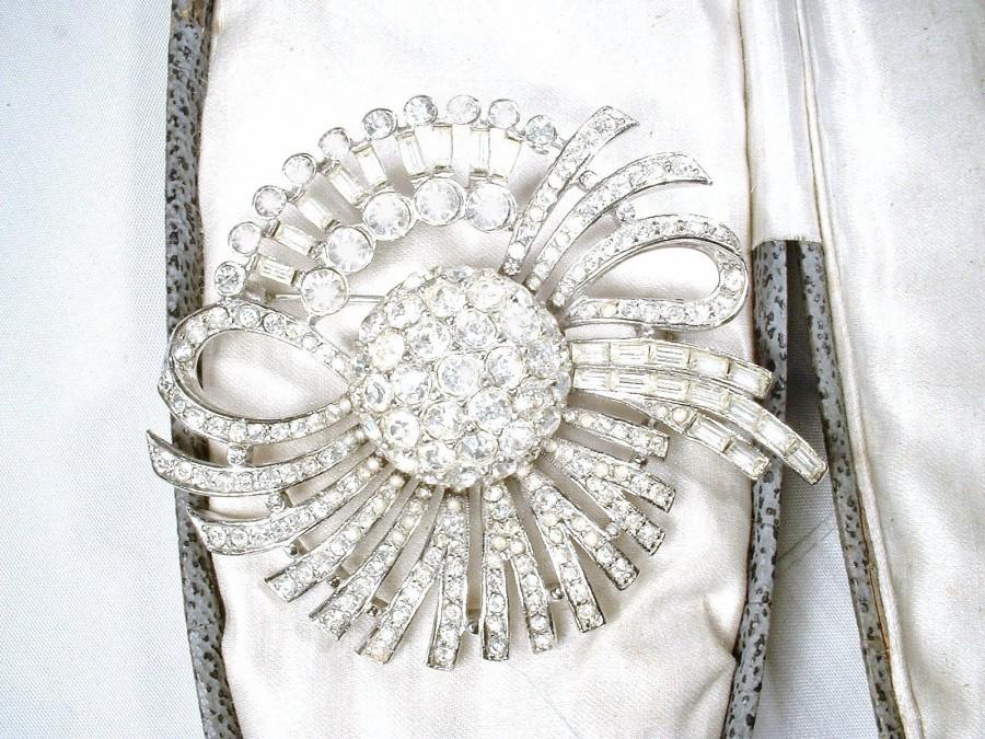 Wedding - Vintage 1940s HaiR CoMB/Wedding Dress Sash Brooch, Round Bridal Headpiece, Art Deco Silver Pave Rhinestone Flapper Jewelry Atomic 1950s