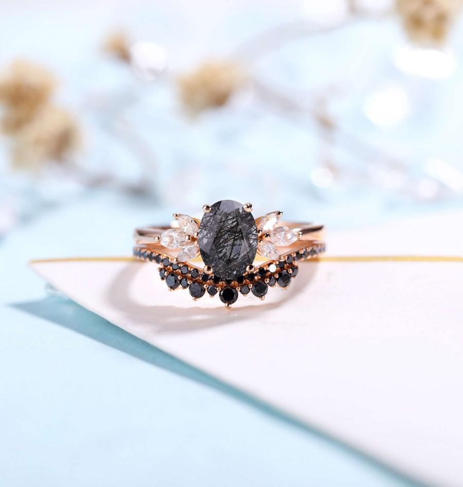 زفاف - Vintage Black Rutilated Quartz  Engagement Ring Rose Gold