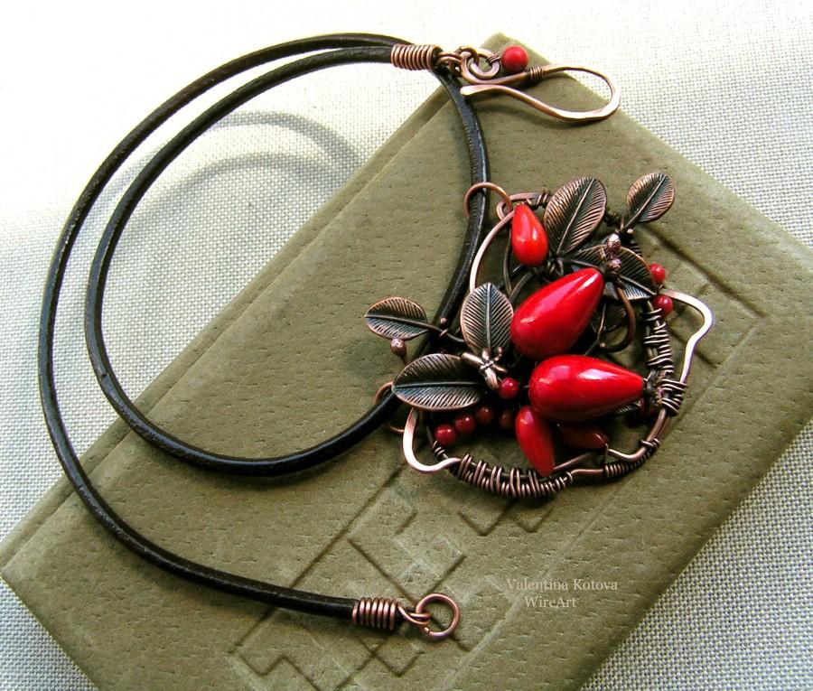 زفاف - red coral pendant, wire wrap pendant artisan pendant rosehip necklace, wire wrap coral necklace, Christmas gift