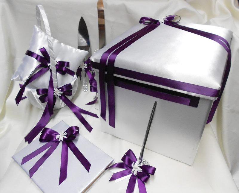 Свадьба - Free Shipping White Eggplant Plum  Accessories Flower Girl Basket Ring Pillow Guest Book Pen Cake Server Toasting glasses Card Box