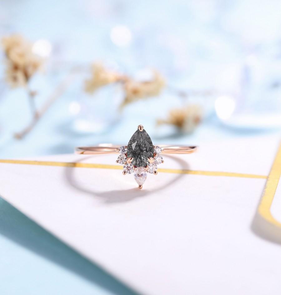 زفاف - Vintage Black Rutilated Quartz  Engagement Ring Rose Gold Ring