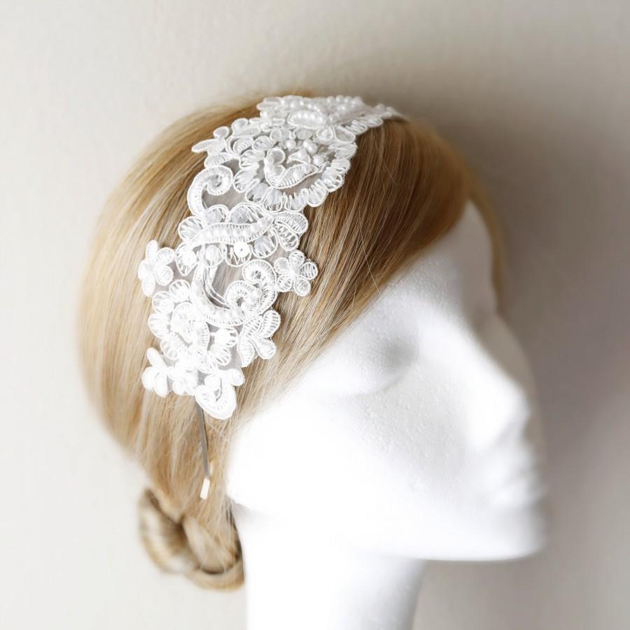 Свадьба - White Pearl Beaded Lace Headband, Bridal Hair Band, White Lace Head Piece, Bridesmaid Headband, Prom Headband, HB-40