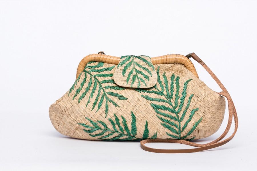 Mariage - Sac à main vegan Straw Clutch Bag, Floral palm leaf embroidered clutch Summer Beach Resort Raffia rattan frame Purse packable for travel