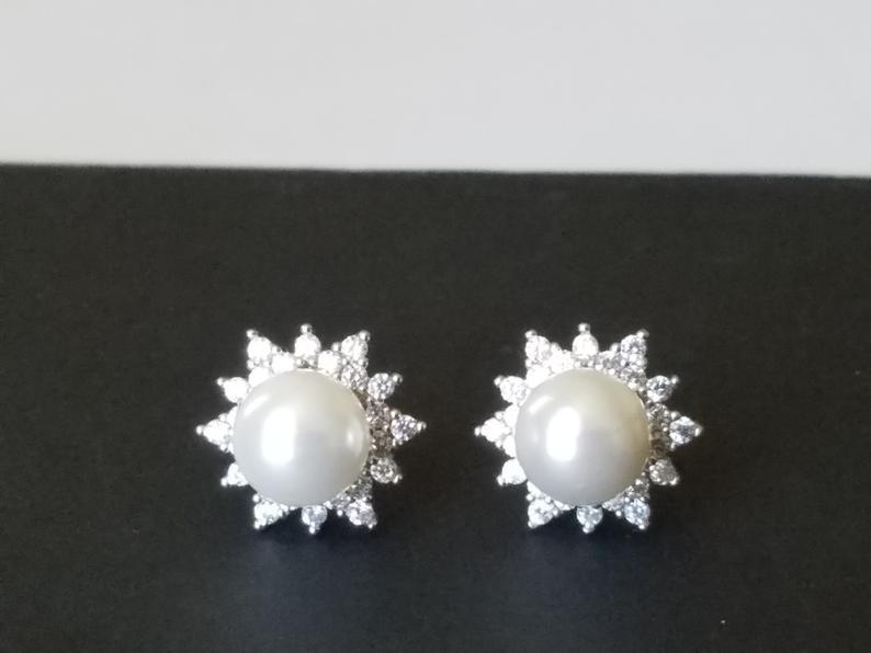 زفاف - Pearl Bridal Stud Earrings, Swarovski White Pearl Silver Earrings, Pearl Halo Earrings, Wedding Bridal Jewelry, Pearl Cubic Zirconia Studs