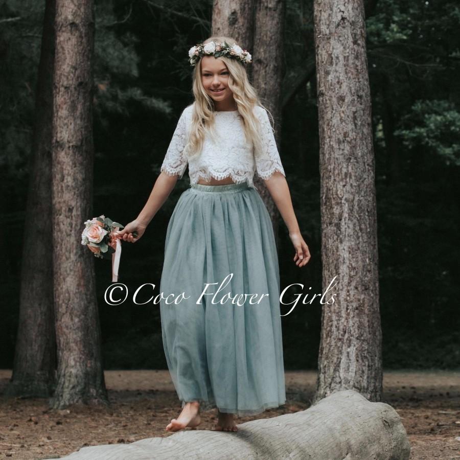 Hochzeit - Beautiful Bridal Flower Girl Dress Set Lace Crop Top and Long Layered Princess Tulle Skirt Set - Sage Green