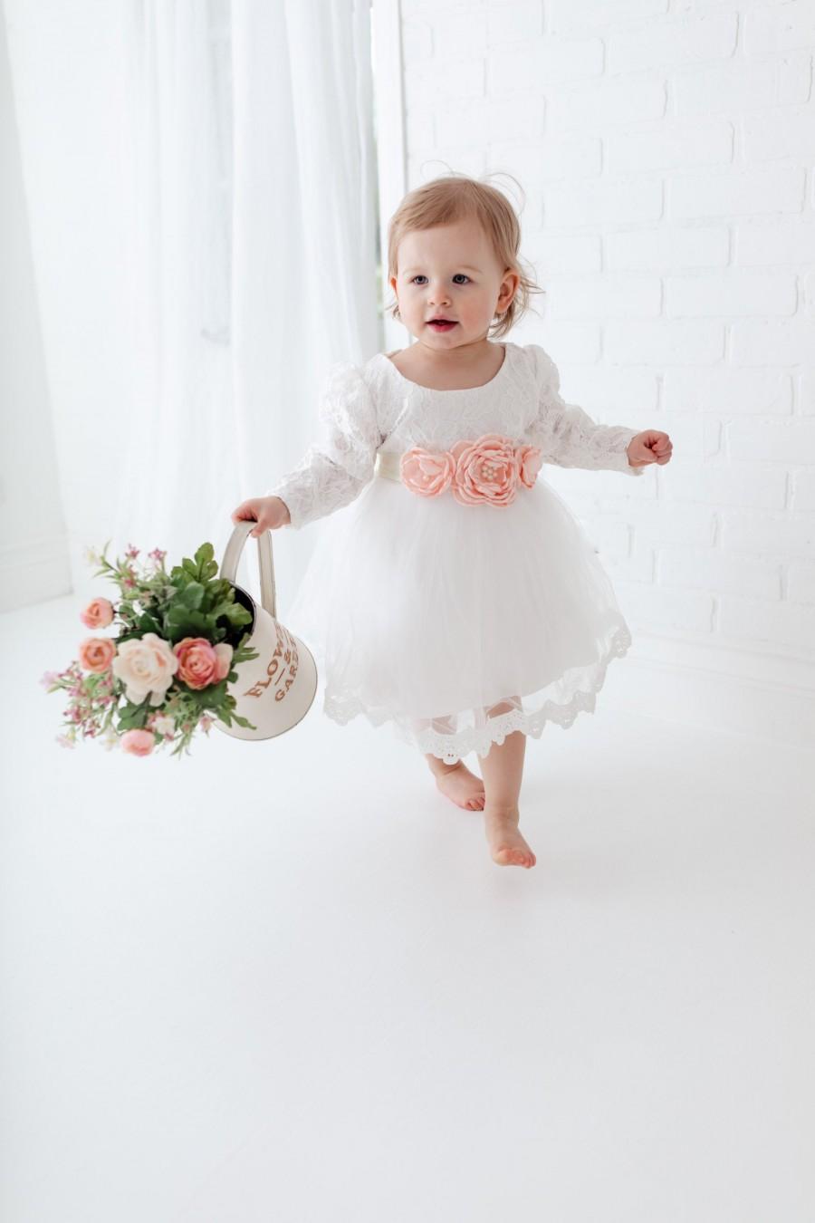Свадьба - Lace Baby Baptism Dress, Floral Crochet Christening Gown, Long Sleeve Blessing Gown, Flower Girl Dress