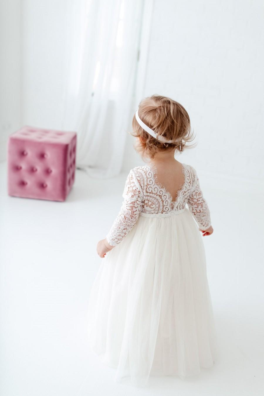 Hochzeit - Boho Tulle Flower Girl Dress, Long Sleeve Floor Length Dress, Beach Wedding Dress, Ivory Tulle, White Lace Dress