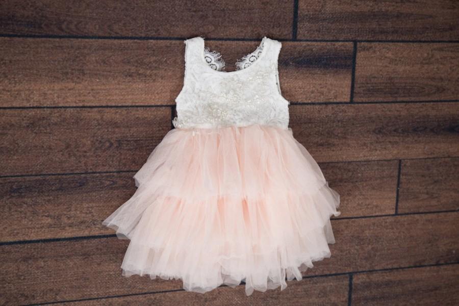 Hochzeit - White Lace Flower Girl Dress, Blush Pink Tulle Fairy Boho Beach Wedding dress, Princess Tutu Dress, Flower Girl Proposal
