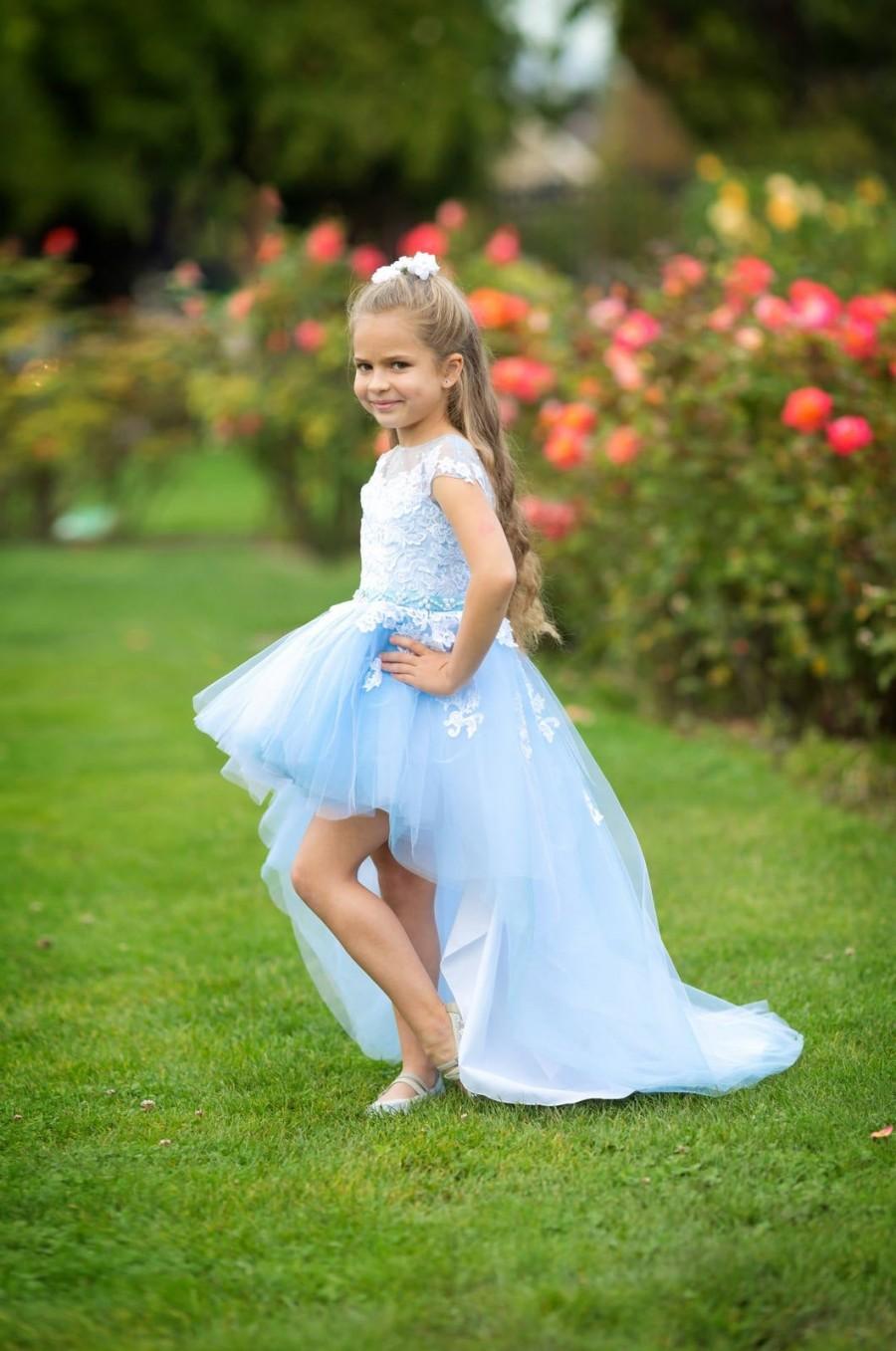 Wedding - High low Blue flower girl dress Birthday Special occasion Toddler Baby