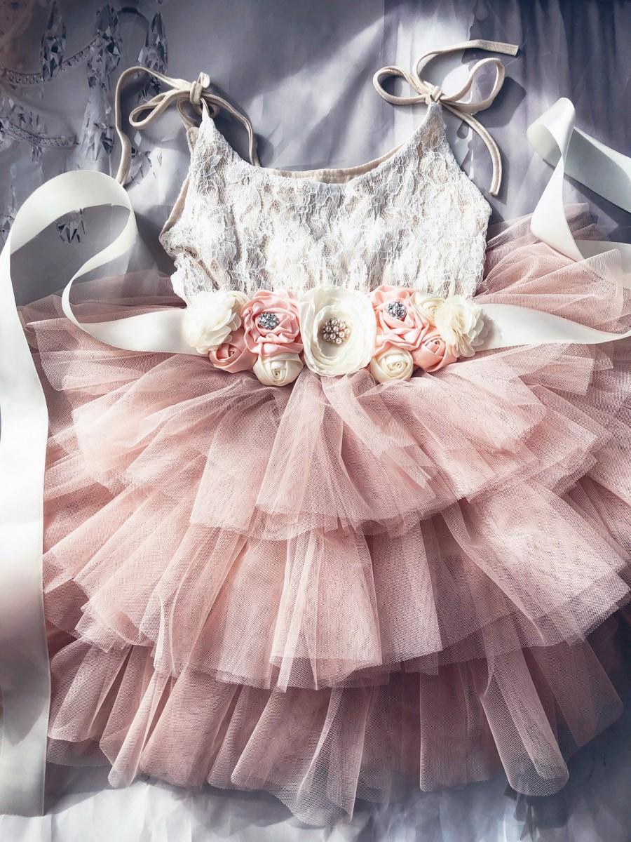 Mariage - Champagne Flower girl dress, 1ers birthday dress, Lace top,Baby  toddler dress,tulle tutu flower girl dress, holiday dress