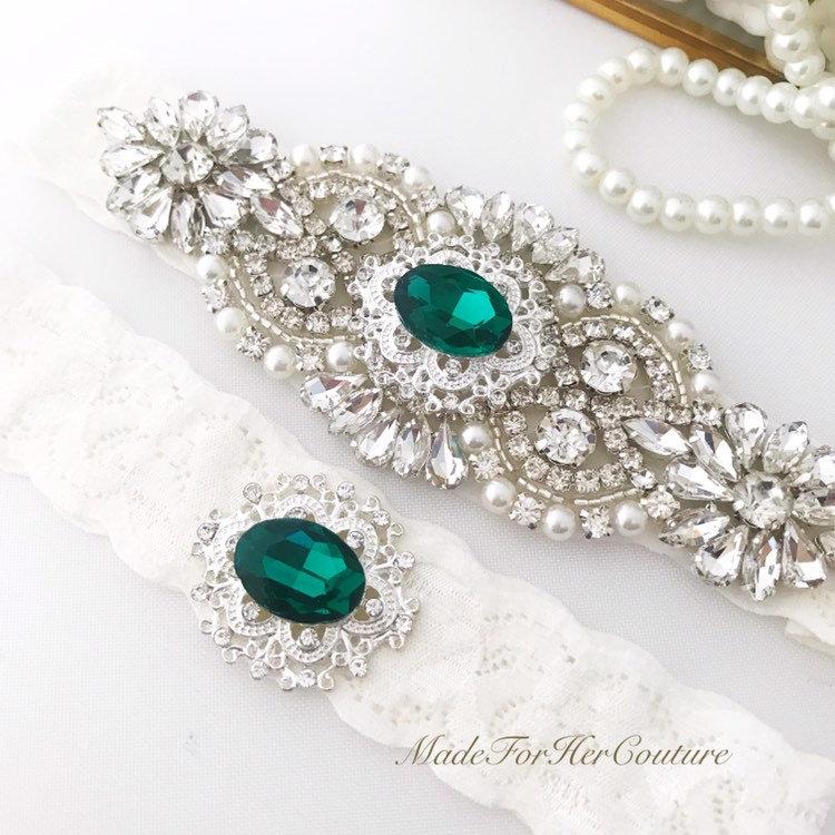 زفاف - Emerald green wedding garter set