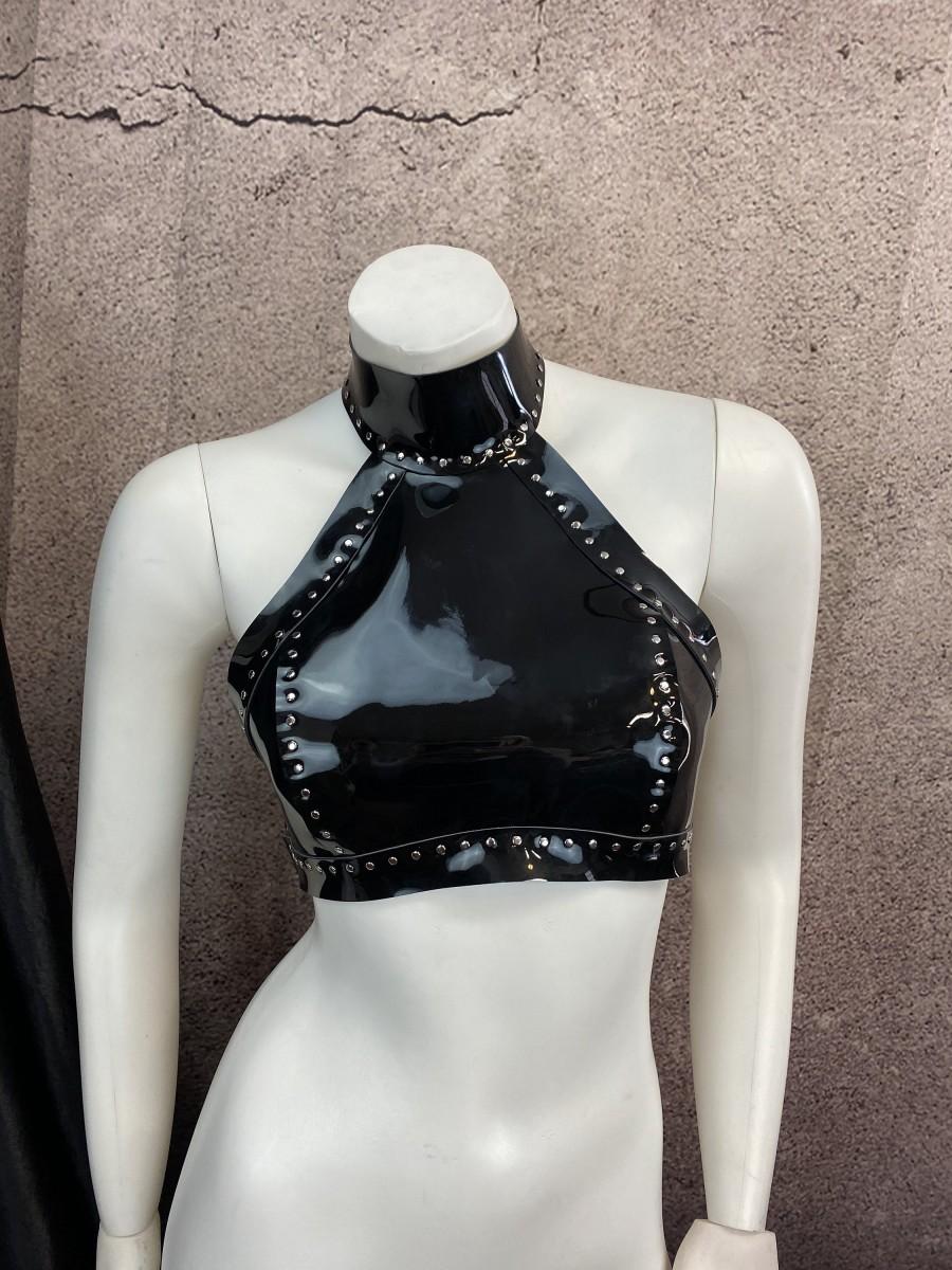 Mariage - The Onyx Halter Crop-Top, Leather Fashion Shirt Harness, Backless Crop Top, Hand-Dyed Leather Shirt, Custom Body Harness, Halter Top
