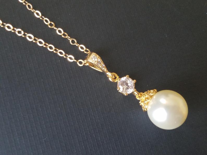 Hochzeit - Gold Pearl Bridal Necklace, Swarovski Ivory Pearl Necklace, Single Pearl Gold Wedding Pendant, Ivory Pearl Drop Necklace, Gold Pearl Jewelry