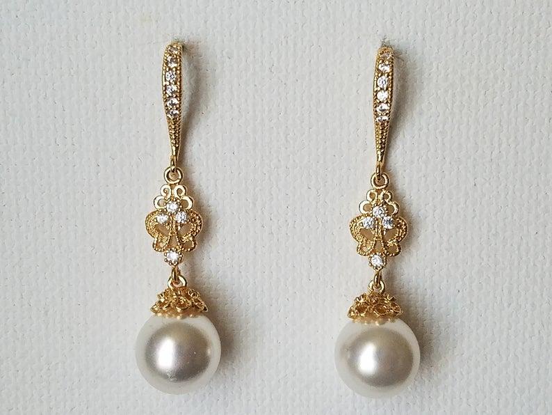 Wedding - Gold Pearl Chandelier Bridal Earrings, Swarovski White Pearl Dangle Earrings, Wedding Gold Pearl Classic Earrings, Gold Pearl Bridal Jewelry