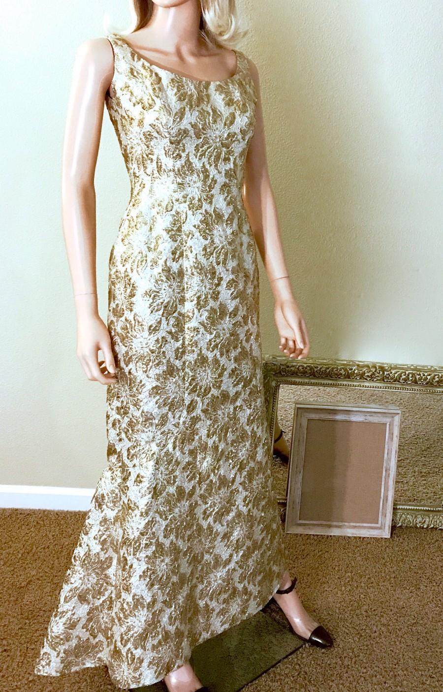 Mariage - 1960s Couture Gold Lame Evening Gown Size XXS. Brocade Mermaid Formal Dress. Red Carpet Mad Men Dress 00. Victoria Royal Gold Wedding Dress