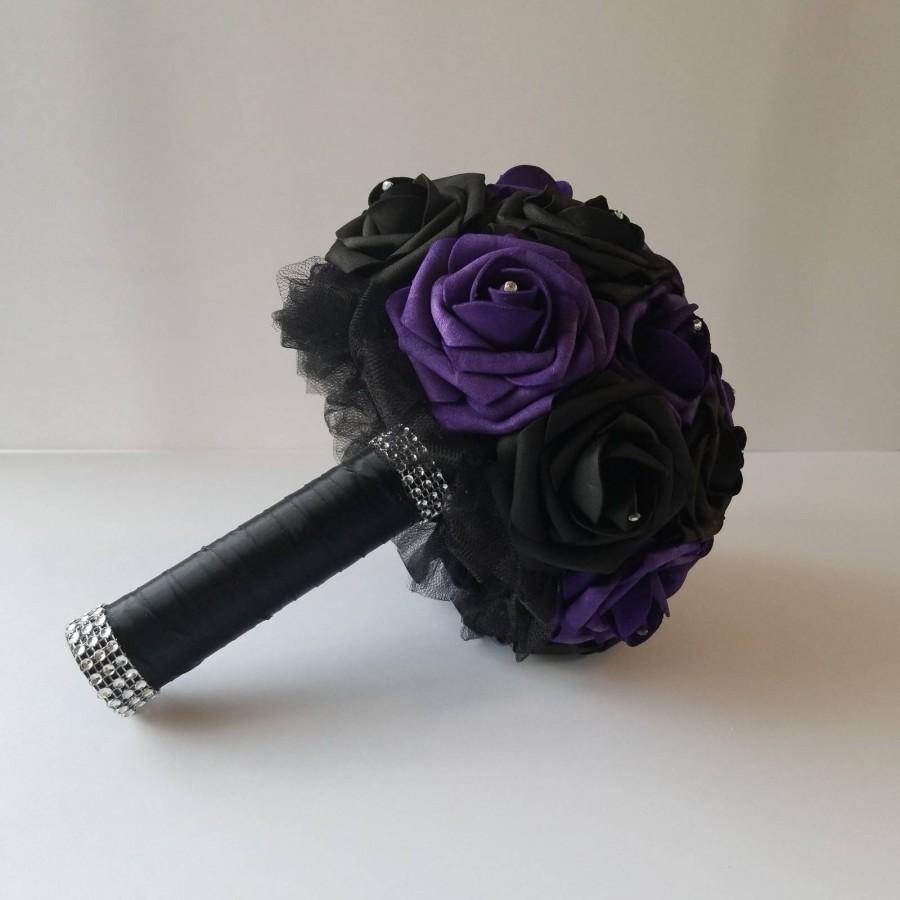 Hochzeit - Purple And Black Bridal Bouquet, Gothic Bouquet, Bridesmaid Bouquet, Toss Bouquet, Matching Boutonnieres And Corsages Available, 26 Colors