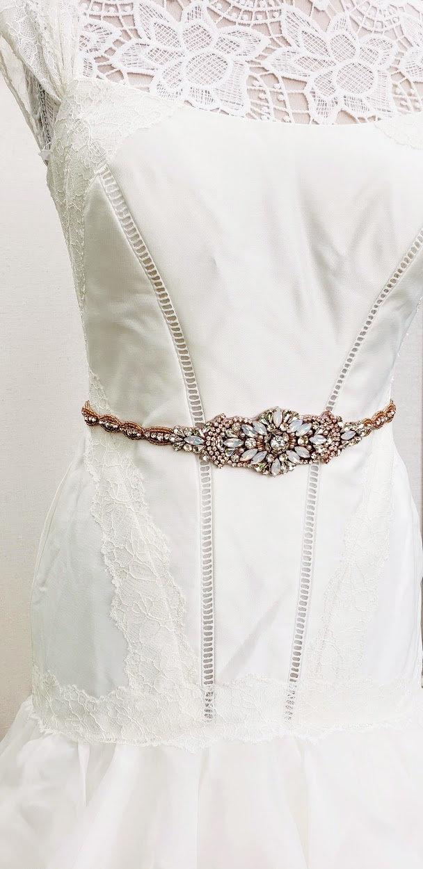 Hochzeit - Long Rose Gold Wedding Belt; White Opal Wedding Belt; Rose Gold Bridal Belt; Plus Size Wedding Belt; Unique Wedding Belt; Rose Gold Belt