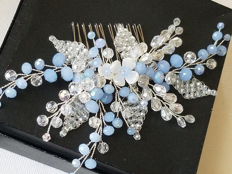 Mariage - Dusty Blue Crystal Wedding Hair Comb, Light Blue Floral Headpiece, Pastel Blue Bridal Hairpiece, Blue Hair Jewelry, Blue Hair Accessories