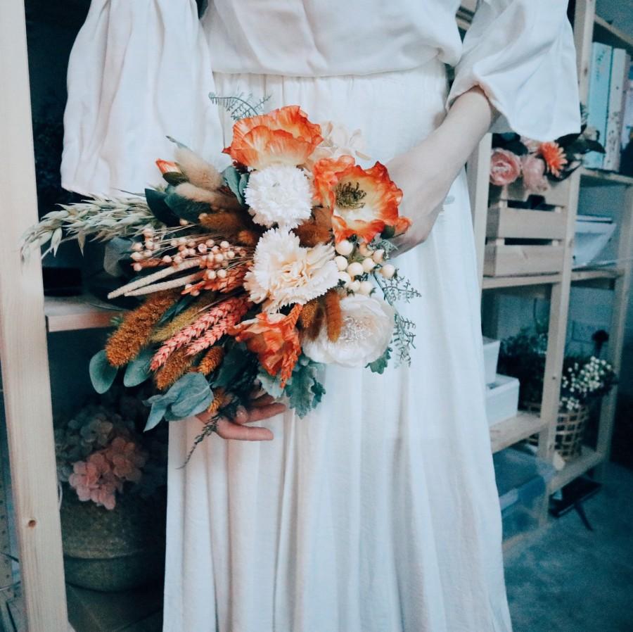 زفاف - Orange Wedding Bouquet, Etsy Burnt Orange Colour Bouquet, summer sunset bouquet, dried flower bouquet, boho wedding bouquet, Eucalyptus