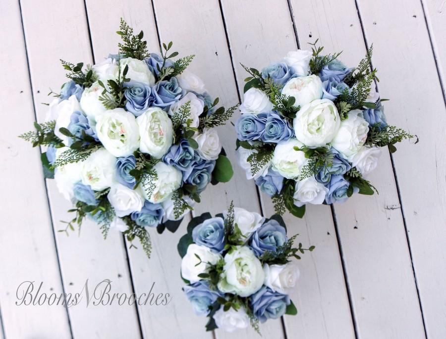 Mariage - Wedding bouquet, Dusty Blue  and  Ivory Bridesmaids bouquet, Wedding Flowers, Boho Wedding, Corsage, bridal Flower Package