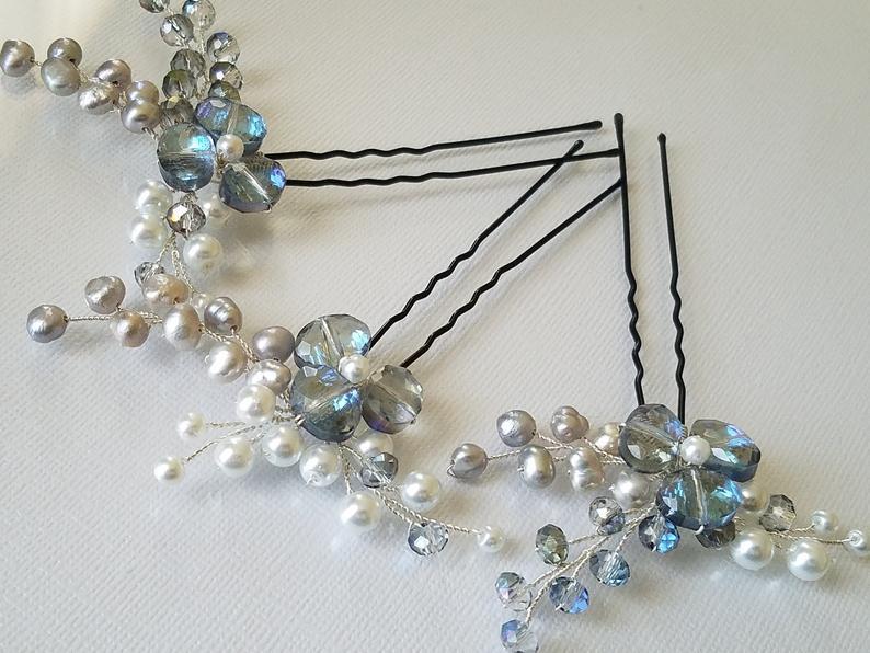 Wedding - Gray Dusty Blue White Hair Pins, Wedding Pearl Crystal Hair Pins, Grey Bridal Headpiece, Silver Floral Hair Jewelry, Crystal Pearl Hair Pins