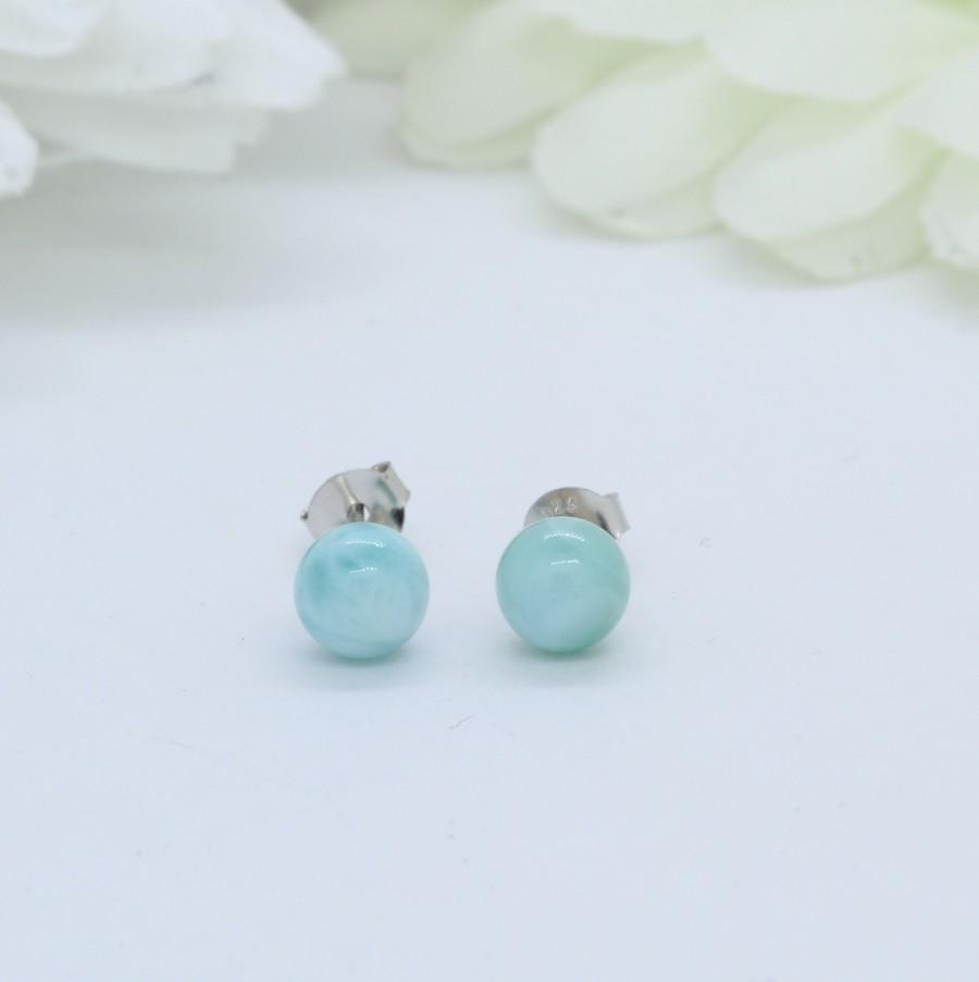 Hochzeit - 6mm Round Ball Natural Dominican Larimar Stud Earrings Solid 925 Sterling Silver Larimar Earrings Ball Stud