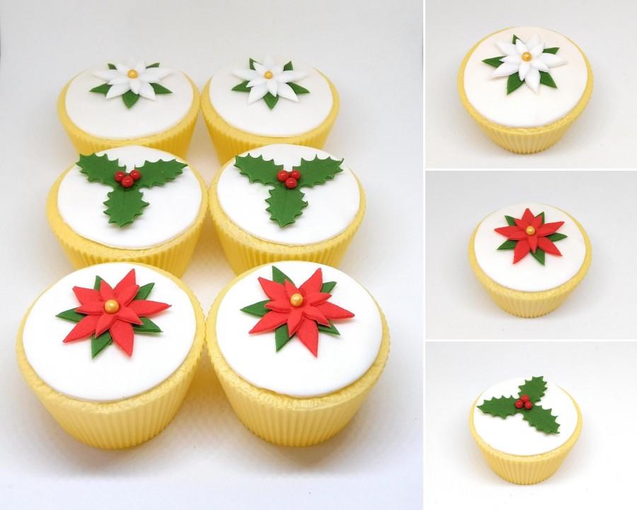 12 x Mixed Poinsettias and Holly Edible Christmas Cake Cupcake Decoration Topper 