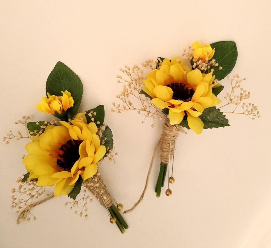 Hochzeit - Custom Sunflower boutonnieres twine lavender or burgundy bridal Farmhouse wedding flowers Groom silk flower accessories anniversary corsage